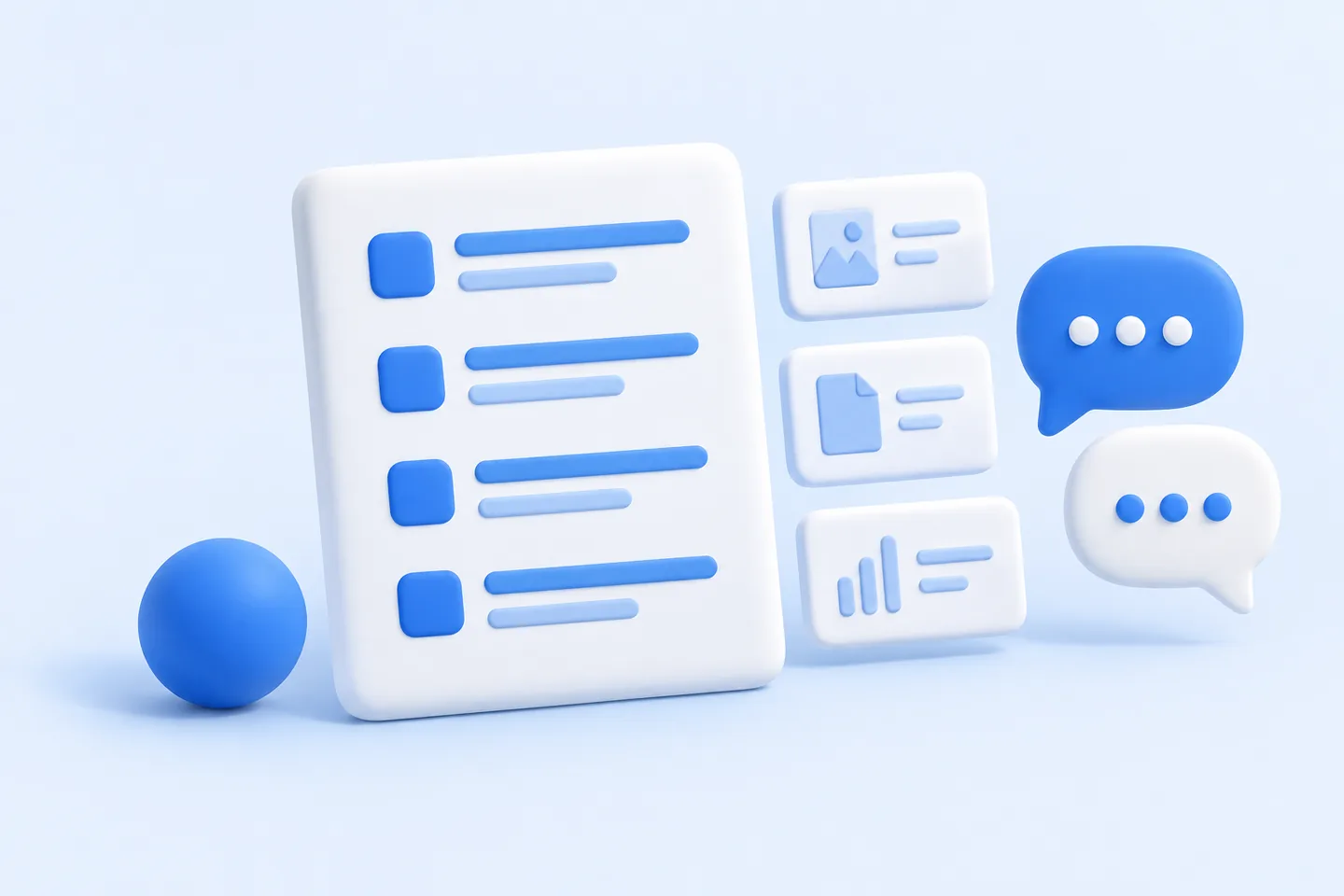 Blue-and-white clay illustration of a four-row review form, three supporting evidence cards and paired speech bubbles on a pale-blue background.