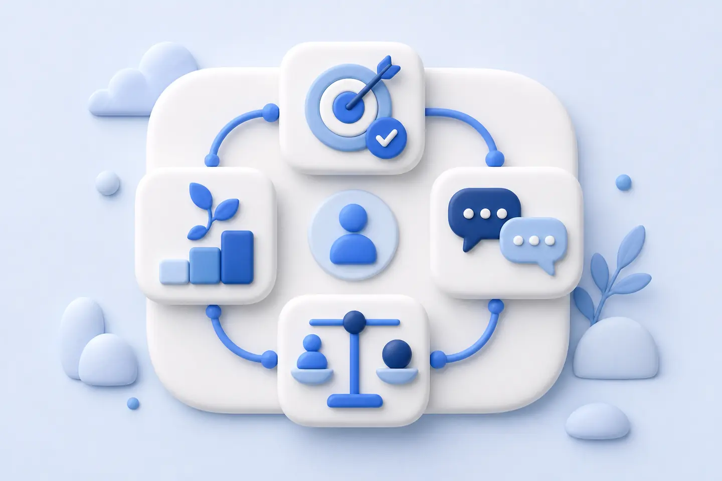 Blue and white clay-style performance management cycle connecting measurable goals, employee development, ongoing feedback, and balanced review calibration.