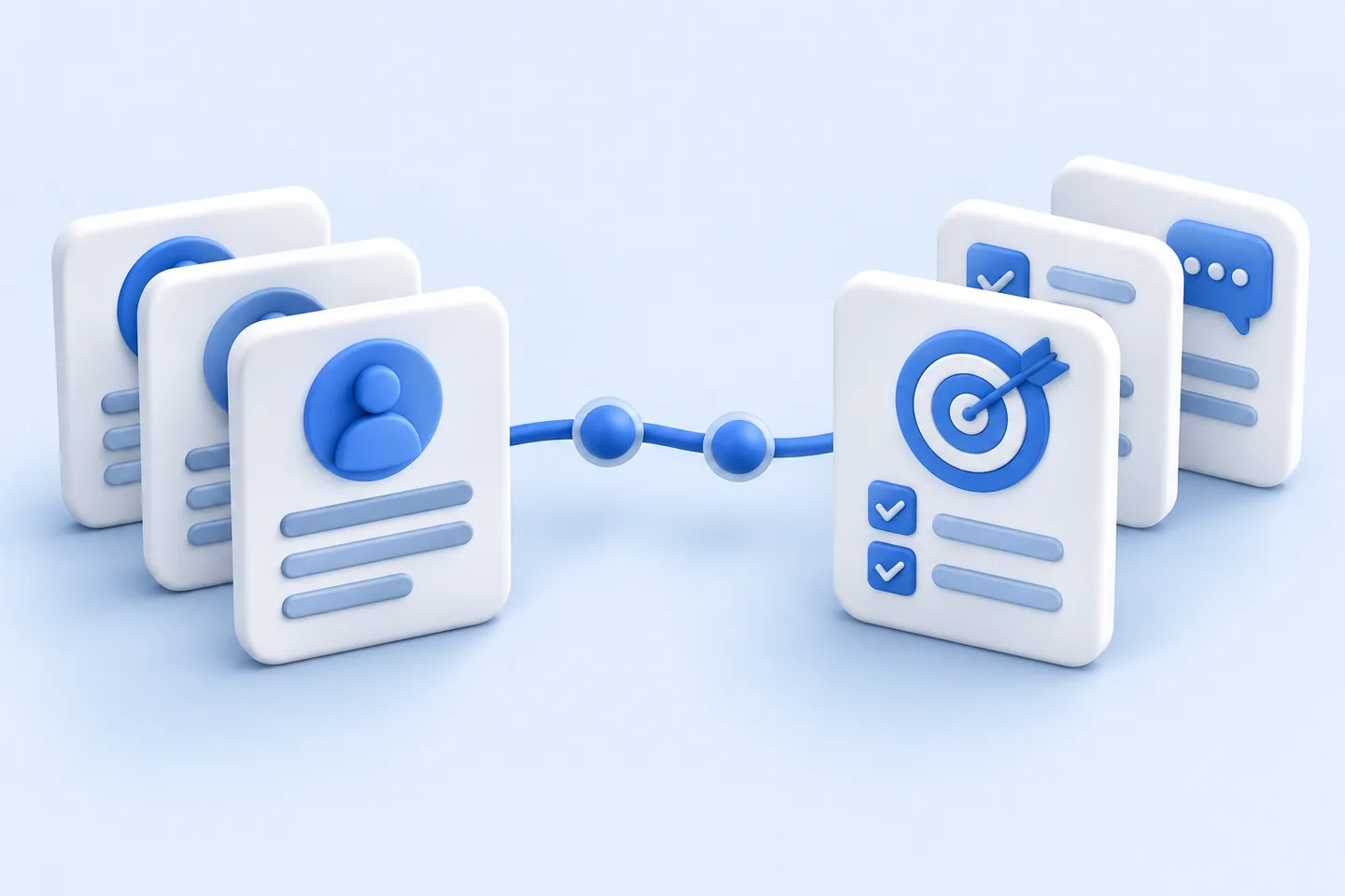 Blue and white clay employee-record cards connected by two data tokens to separate goal, review and feedback cards.