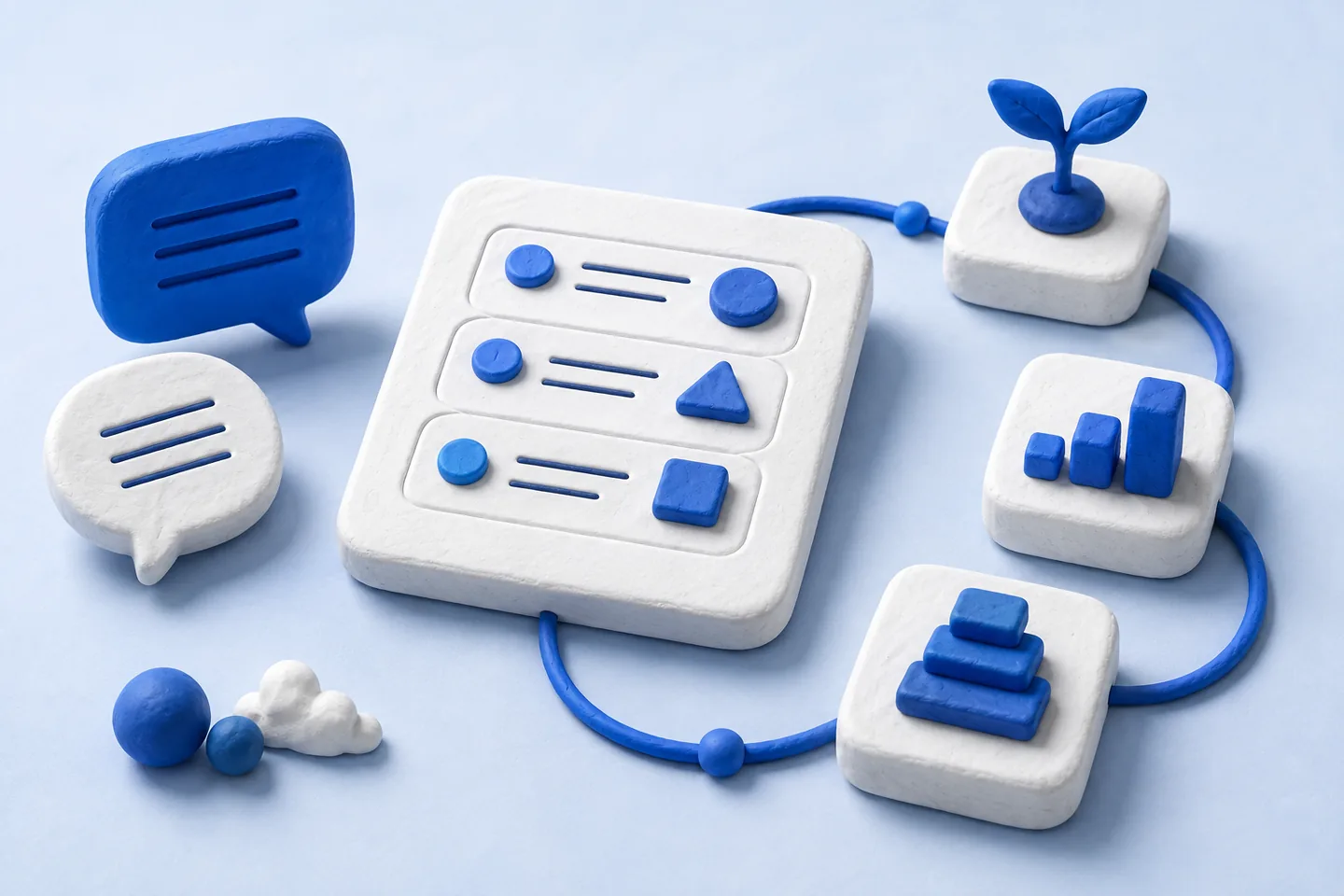 Blue and white clay illustration of a goal-setting board, feedback speech bubbles and a looping path connecting steps, progress bars and a sprout representing development.