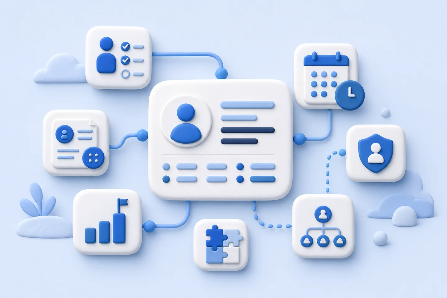 Blue-and-white clay illustration of a central employee record connected to onboarding, time tracking, security, performance, integrations, and team structure modules.