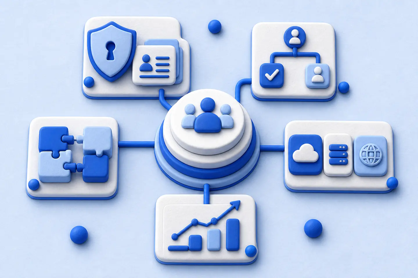 Blue-and-white clay illustration of a human resource management platform connecting secure employee records, approval workflows, integrations, deployment options, and operational measurement.