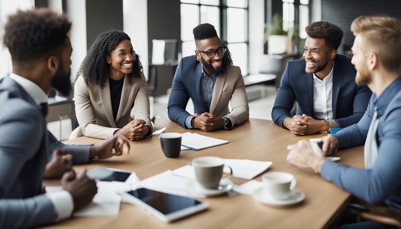 A diverse group of individuals engage in a coaching session, sharing ideas and collaborating in a supportive environment