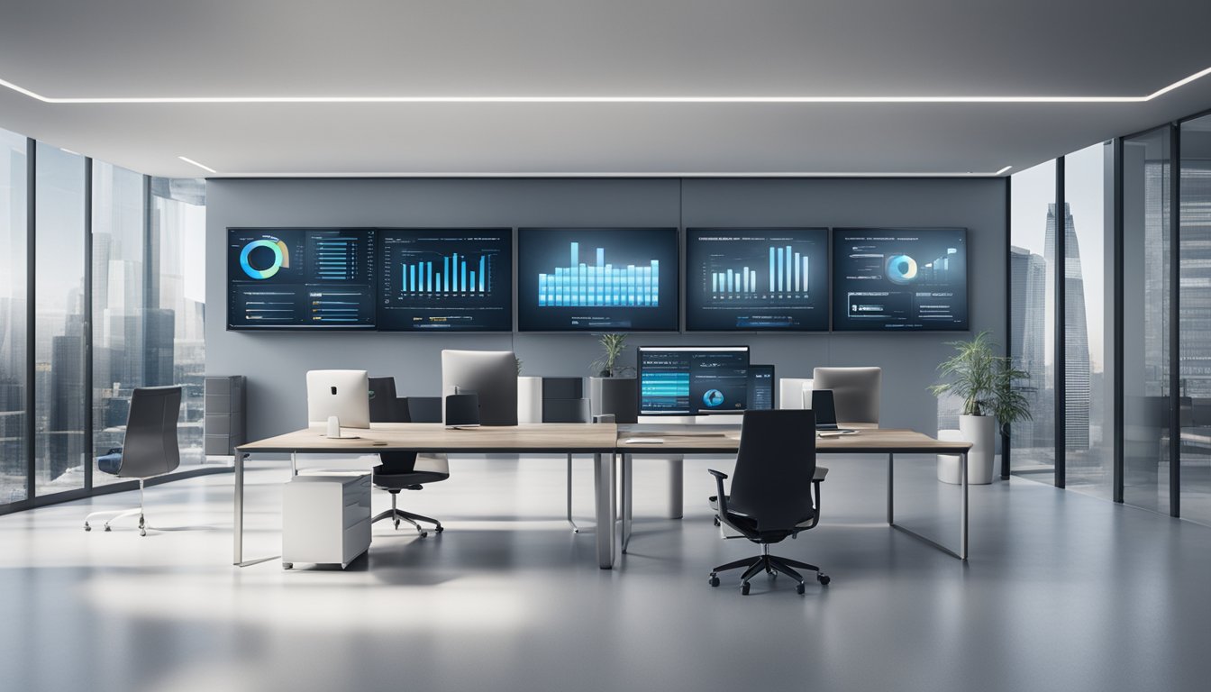 A sleek, modern office setting with computer screens displaying HR data analytics and technology tools for process optimization