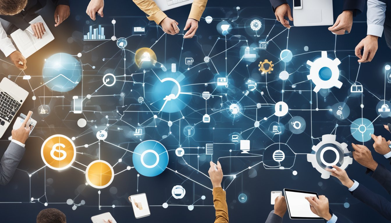 A bustling tech ecosystem with various interconnected elements and platforms, symbolizing collaboration and innovation
