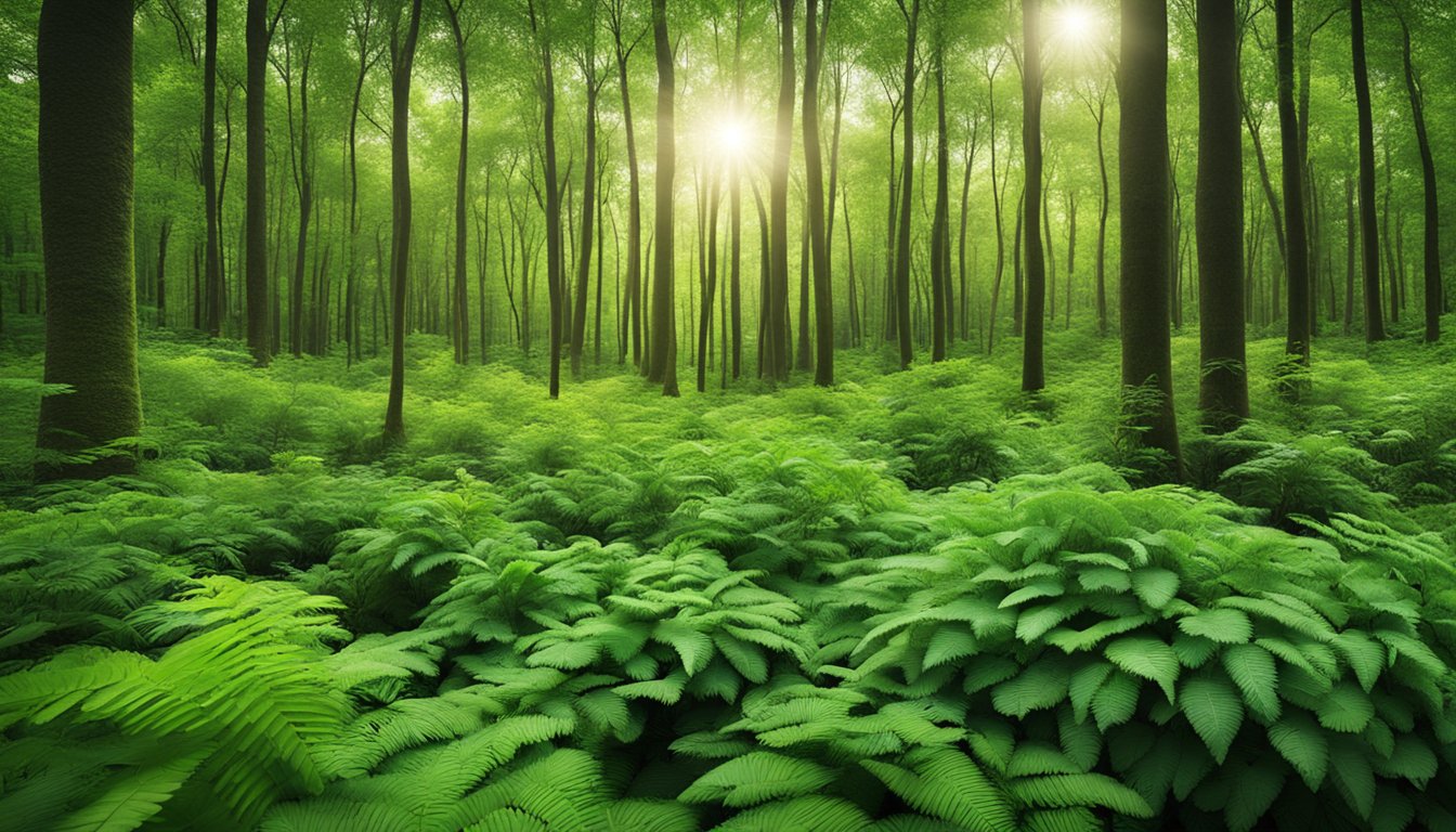 A lush green forest with a diverse range of flora and fauna, showcasing a harmonious and sustainable ecosystem