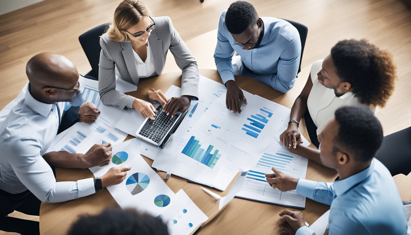 A group of diverse figures gather around a table, engaged in collaborative discussion and strategic planning. Charts and graphs are displayed, indicating data analysis and forecasting