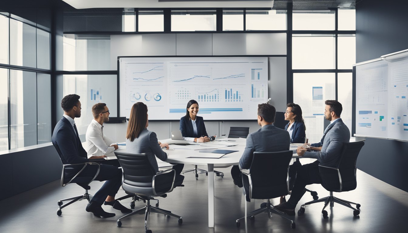 A conference room with a large whiteboard filled with charts and graphs. A team of professionals discussing and brainstorming around a table