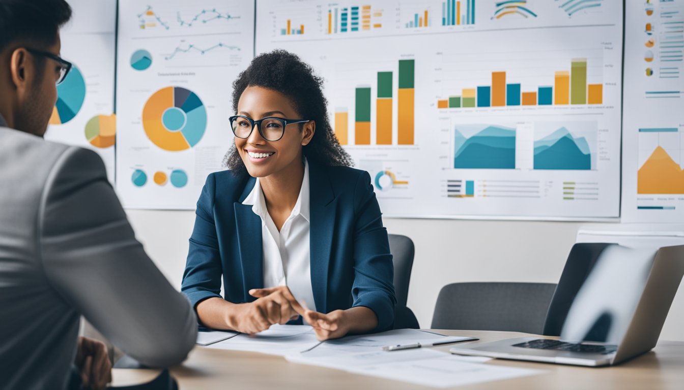 A person sitting across from a career coach, engaged in conversation, surrounded by charts and graphs showing potential career paths