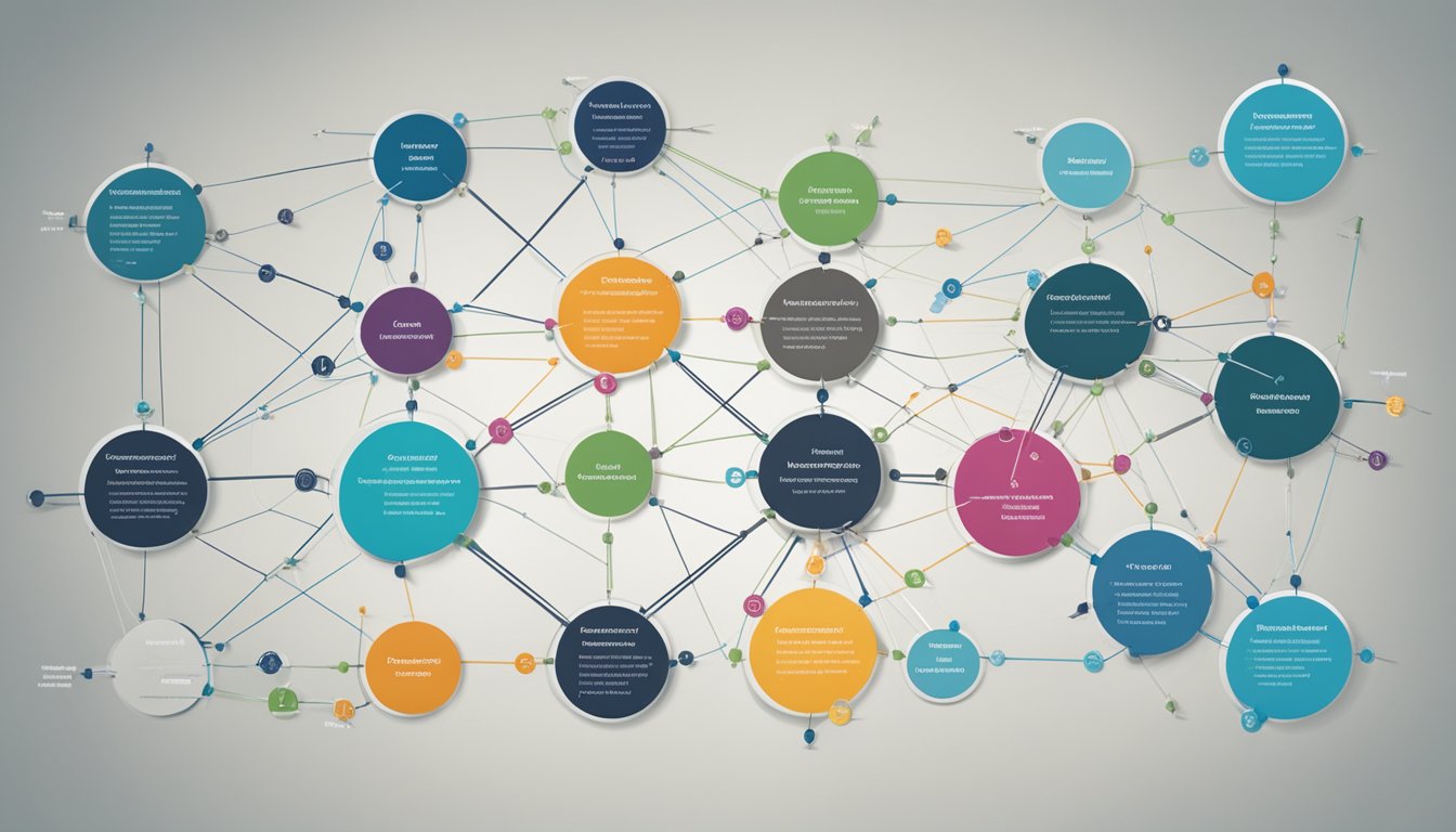 A web of interconnected nodes representing various competencies, with arrows and connections showing the relationships between them