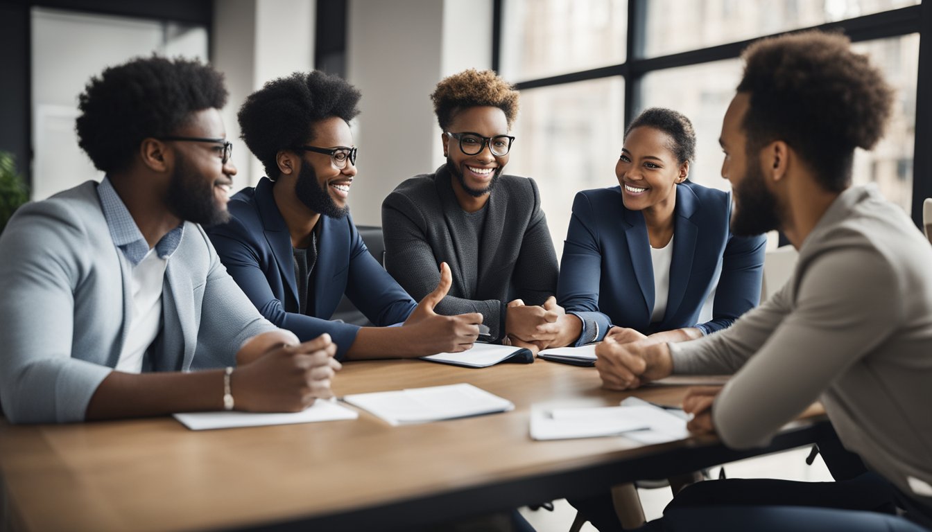 A diverse group of individuals engage in a collaborative and inclusive performance review session, sharing feedback and ideas in a supportive environment