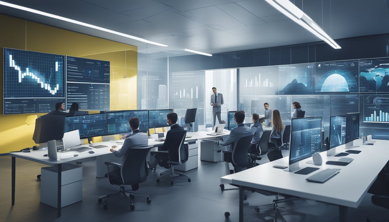 A futuristic office with data analytics charts projected on the walls, employees collaborating on strategy, and technology seamlessly integrated into the workspace